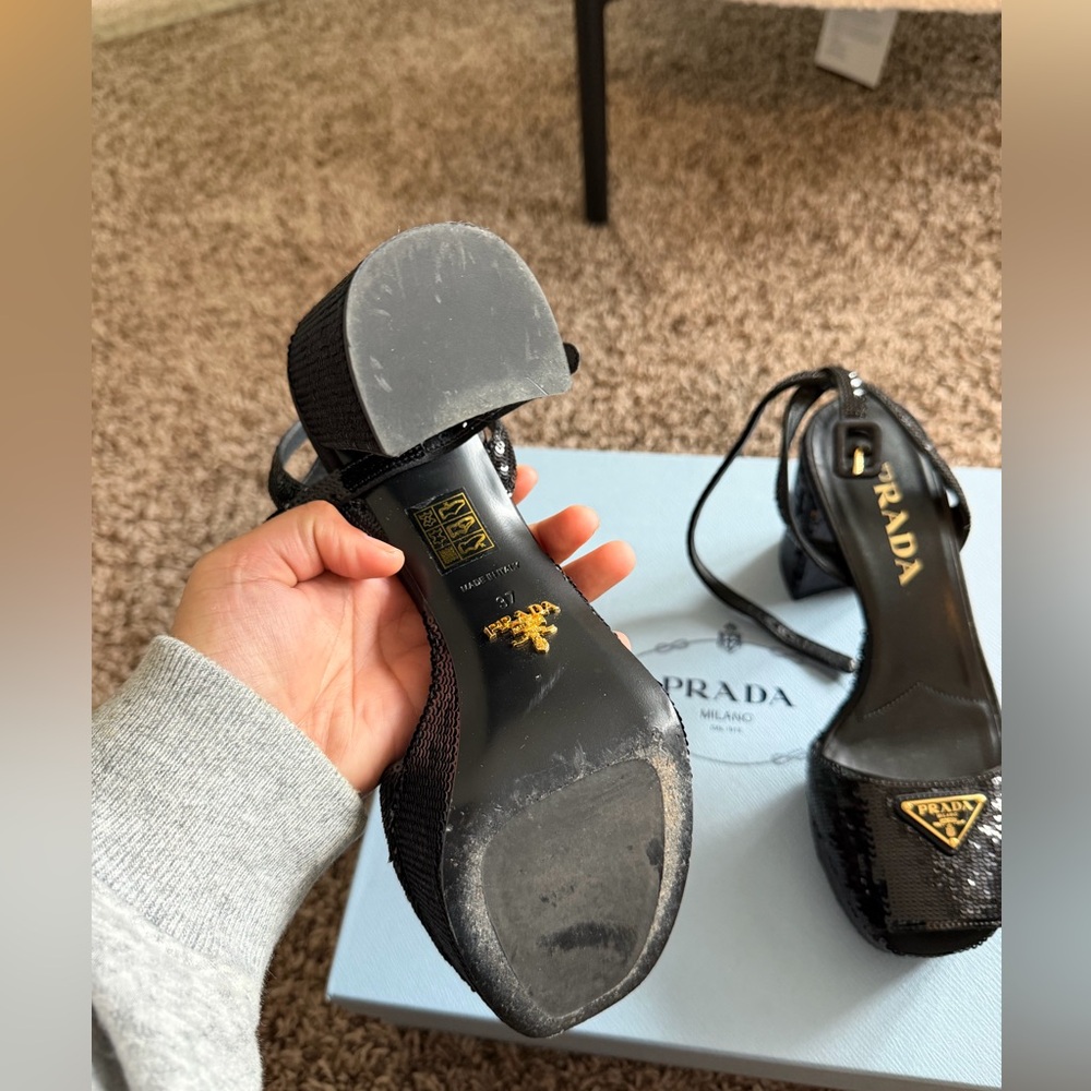 Prada Black Sequin Square-Toe Block Heel Sandals - Picture 4 of 6